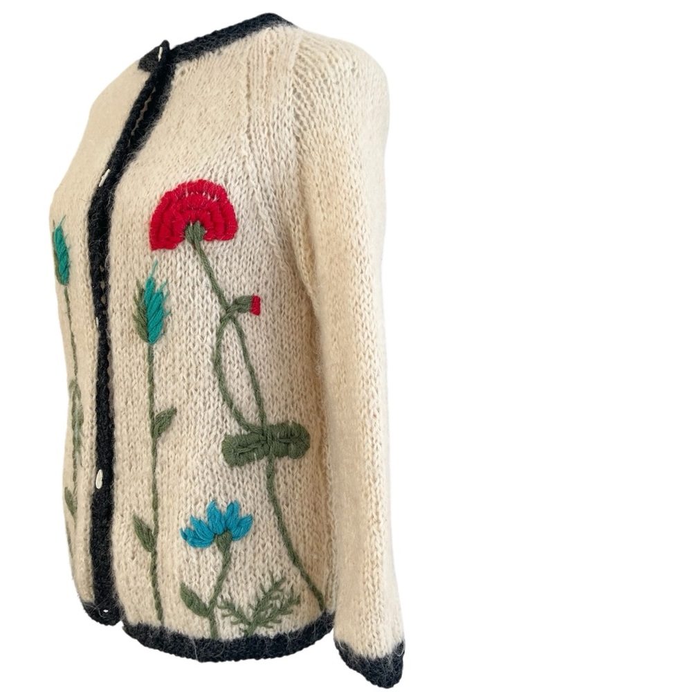 Vintage Hand Knit Floral Wool Mohair Blend Cardigan Cream Chunky Made Italy XS/S - Picture 4 of 17